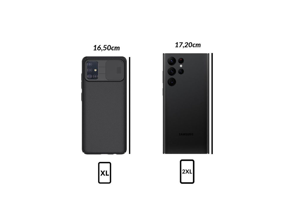 Guide des tailles Shapeheart : pochettes adaptées aux téléphones de différente tailles, disponible en M, XL et 2XL.