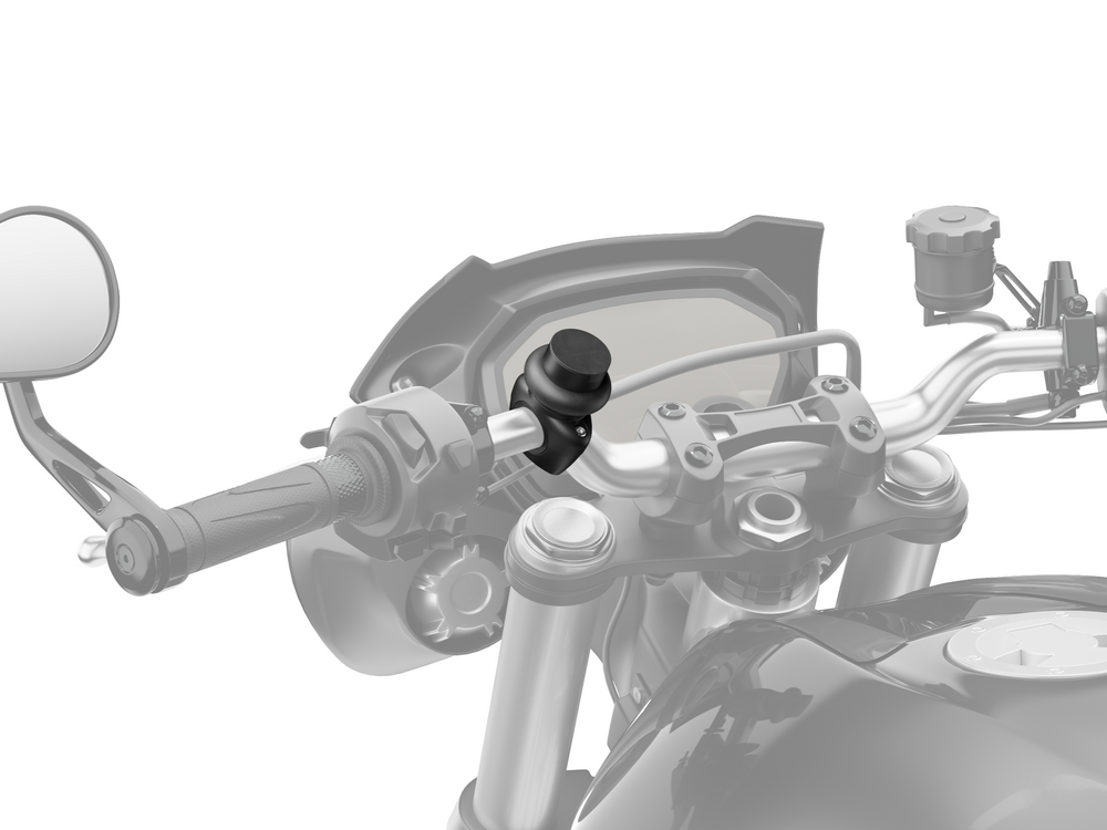 Antivibration Shapeheart installé sur support Pro pour guidon moto, améliore la stabilité et protège le téléphone des vibrations.