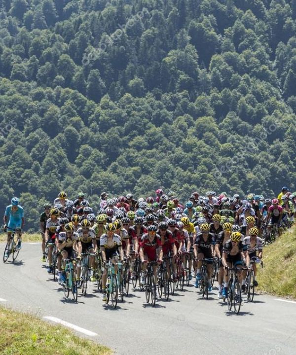 Peloton grimpant un col alpin légendaire sous le soleil.
